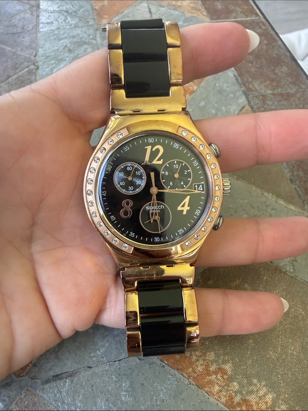 Swatch Rose Gold and Black Men's Chronograph Bracelet Watch